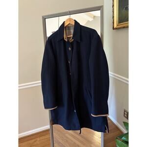 Men's MINE Wool Coat, M, Navy Blue, Beige Genuine Leather Trim